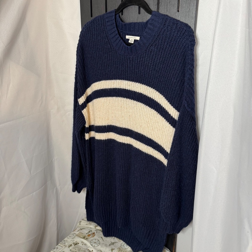 American Eagle Mens Navy Cream Striped Chunky Knit Sweater L
